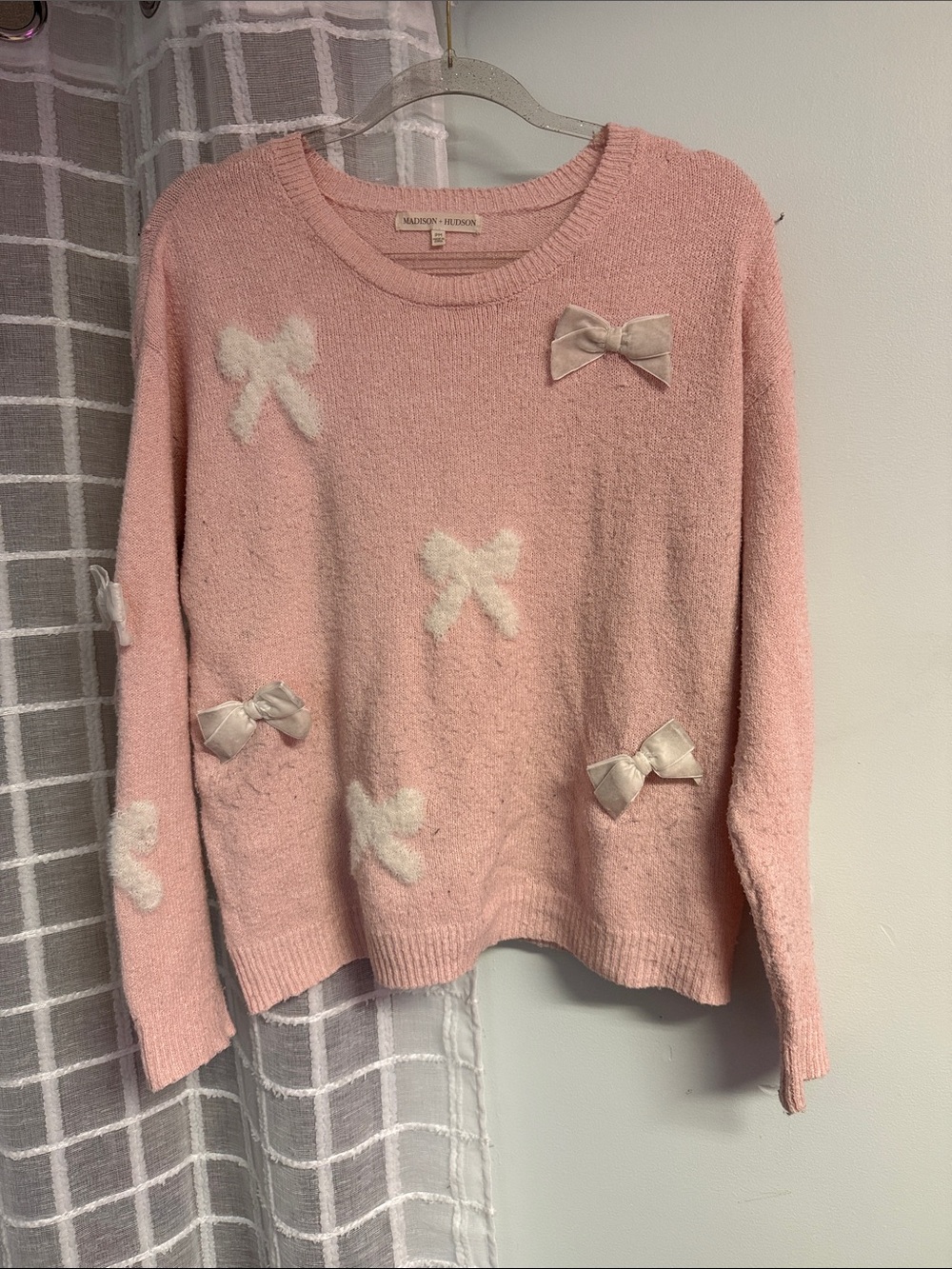 Madison + Hudson Blush Pink Bow-Appliqué Crewneck Sweater